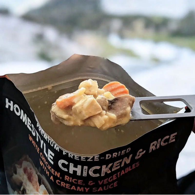 Homestyle Chicken & Rice (2 Servings), Peak Refuel Homestyle Chicken & Rice (2 Servings) bite on spork