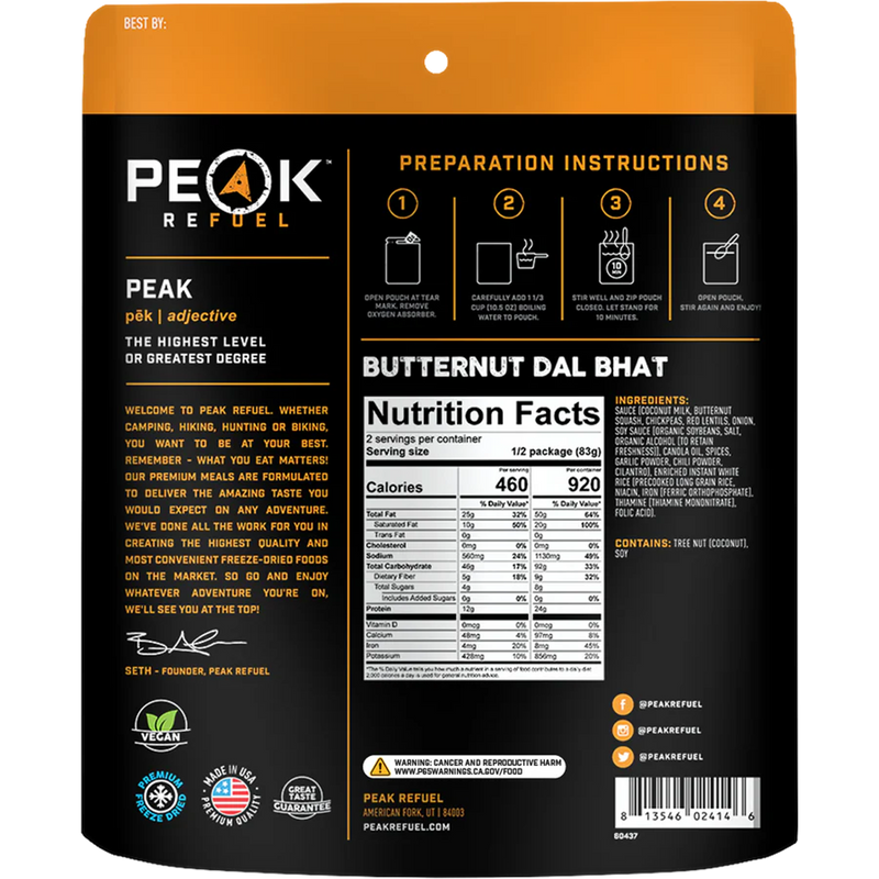 Butternut Dal Bhat (2 Servings), Peak Refuel Butternut Dal Bhat (2 Servings) back of package