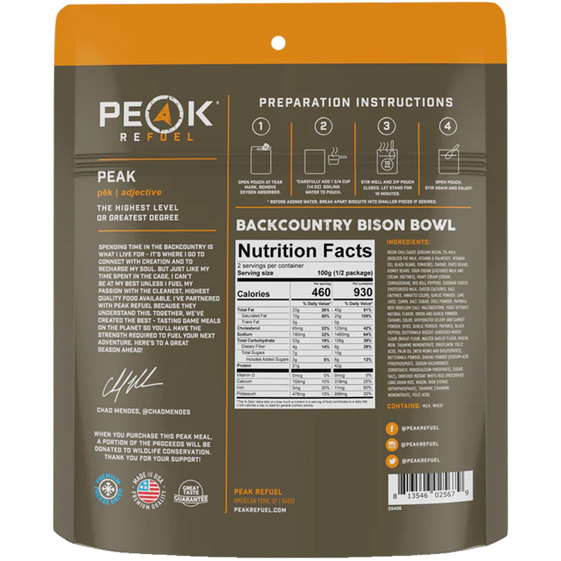 Backcountry Bison Bowl (2 Servings), Peak Refuel Backcountry Bison Bowl (2 Servings) back of package