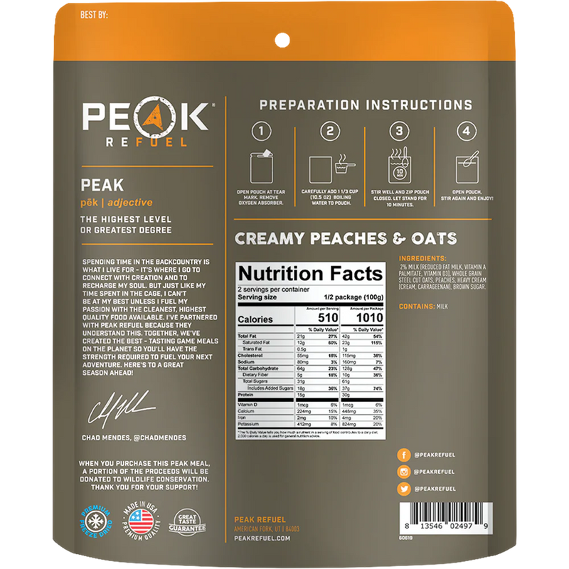 Creamy Peaches and Oats (2 Servings), Peak Refuel Creamy Peaches and Oats (2 Servings) back of package