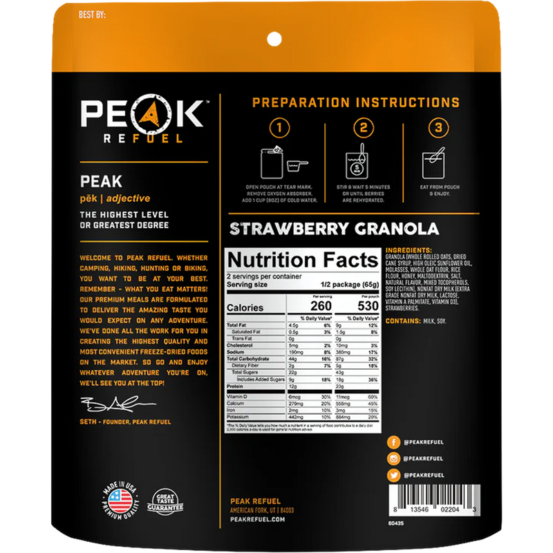 Strawberry Granola (2 Servings), Peak Refuel Strawberry Granola (2 Servings) back of package