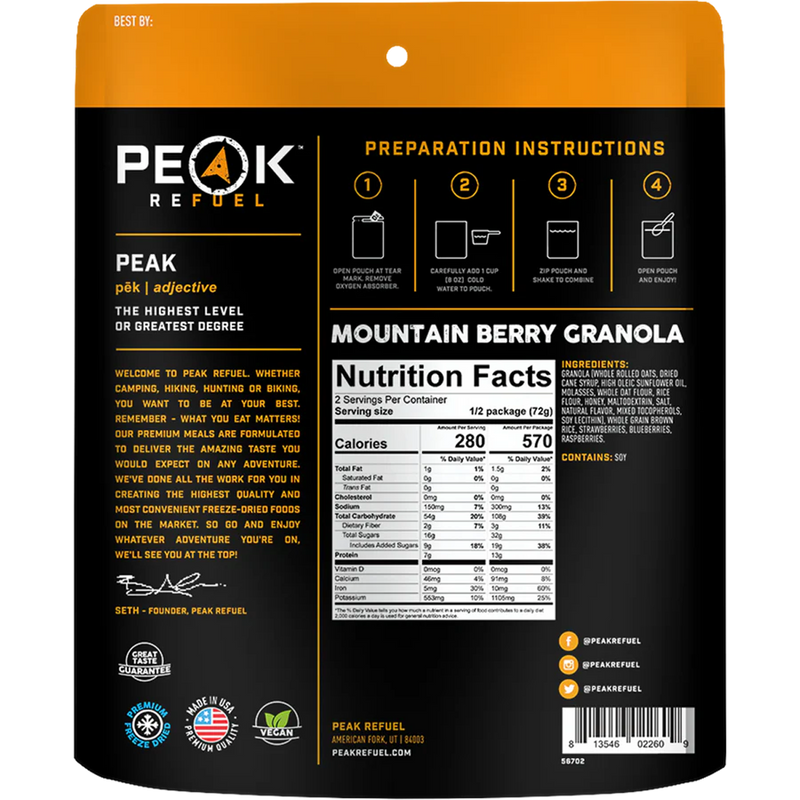 Mountain Berry Granola (2 Servings), Peak Refuel Mountain Berry Granola (2 Servings) back of package