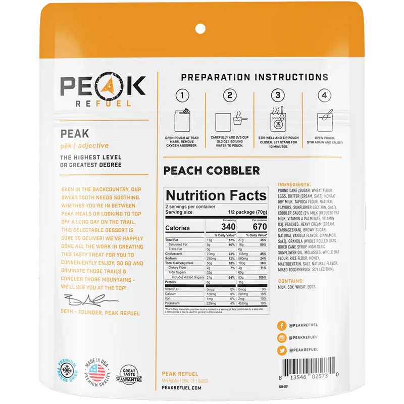 Peach Cobbler (2 Servings), Peak Refuel Peach Cobbler (2 Servings) back of package