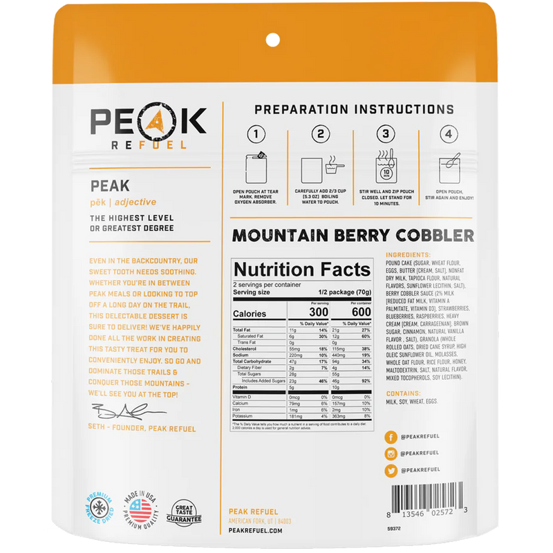 Mountain Berry Cobbler (2 Servings), Peak Refuel Mountain Berry Cobbler (2 Servings) back of package