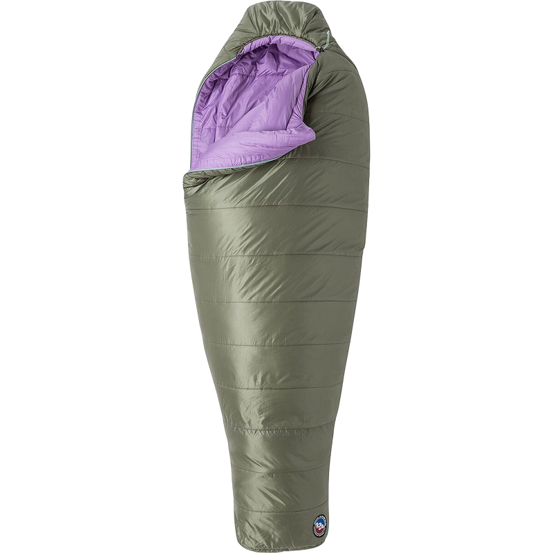 Women's Anthracite 20 Long, Big Agnes Women's Anthracite 20 Regular in Lichen Green/African Violet unzipped