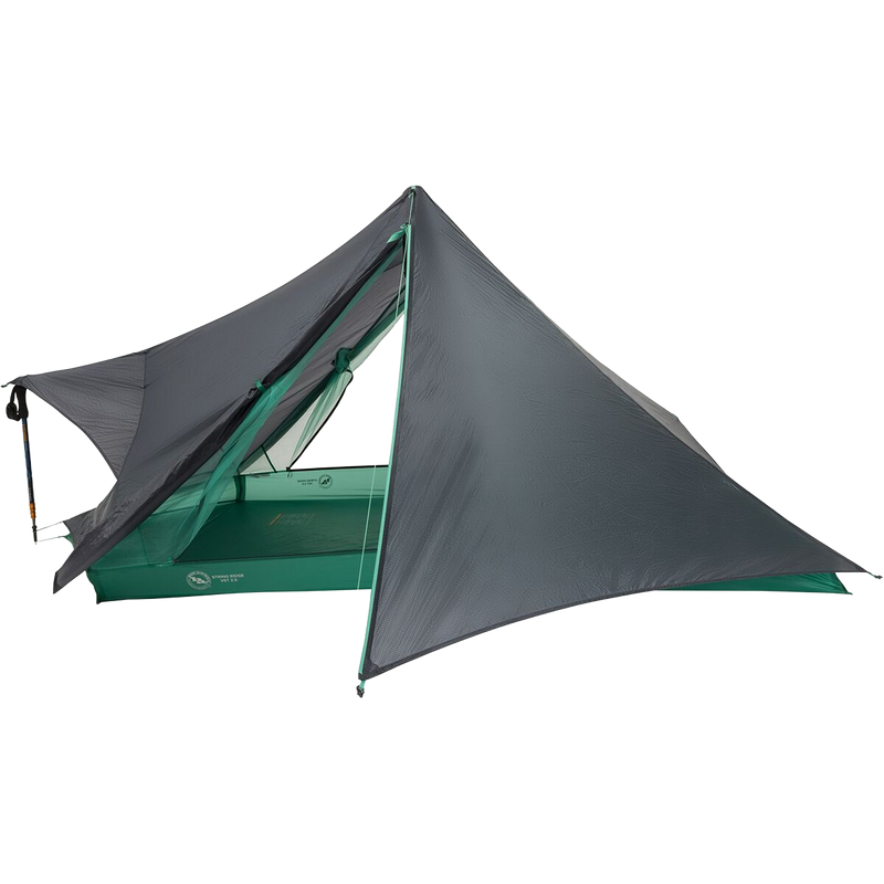 String Ridge VST 2.5, Big Agnes String Ridge VST 2.5 in Asphalt/Mint Leaf with rain fly unzipped