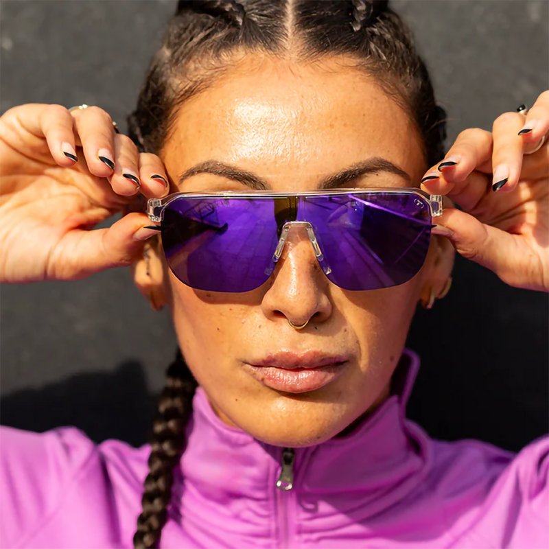 Sanctum SL, Tifosi Optics Sanctum SL in Crystal Clear + Purple Mirror on model