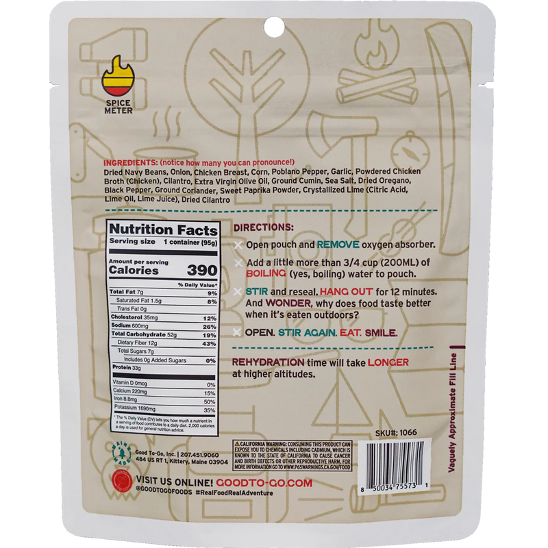 White Bean Chicken Chili (1 Serving), Good To-Go White Bean Chicken Chili (1 Serving) back of package