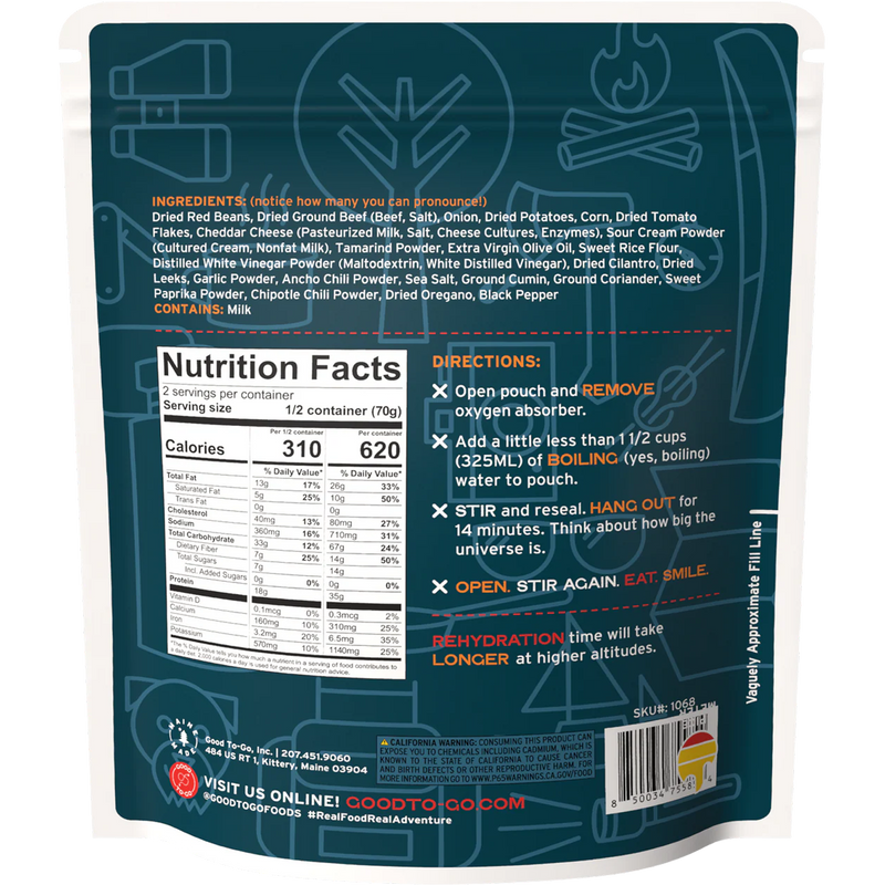 Cowboy Casserole Beef & Potatoes (2 Servings), Good To-Go Cowboy Casserole Beef & Potatoes (2 Servings) back of package