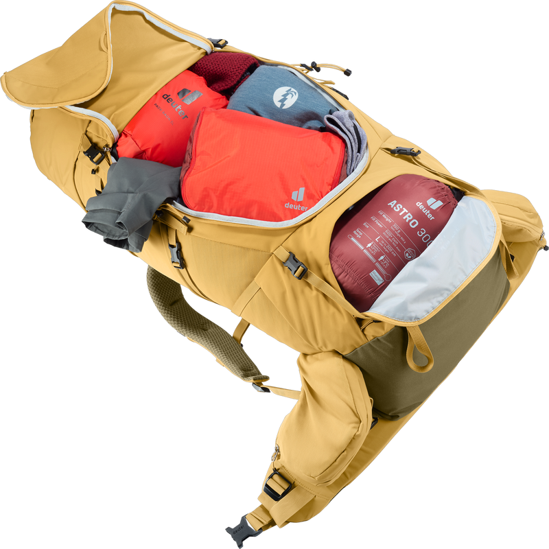 Aircontact Core 60+10, Deuter Aircontact Core 60+10 in Savanna-Nori front panels unzipped