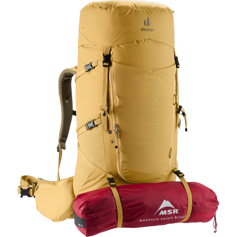 Aircontact Core 60+10, Deuter Aircontact Core 60+10 in Savanna-Nori with tent