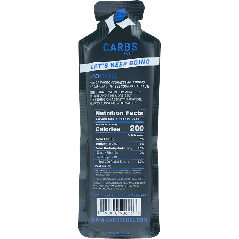 Caffeinated Original 50g Energy Gel, Carbs Fuel Caffeinated Original 50g Energy Gel back of package