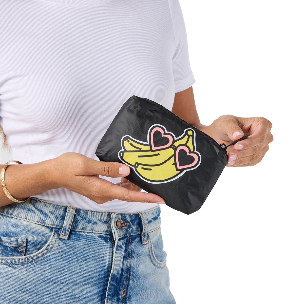 Aloha Collection Gone Bananas Kitty Mini Pouch banana facing side with model