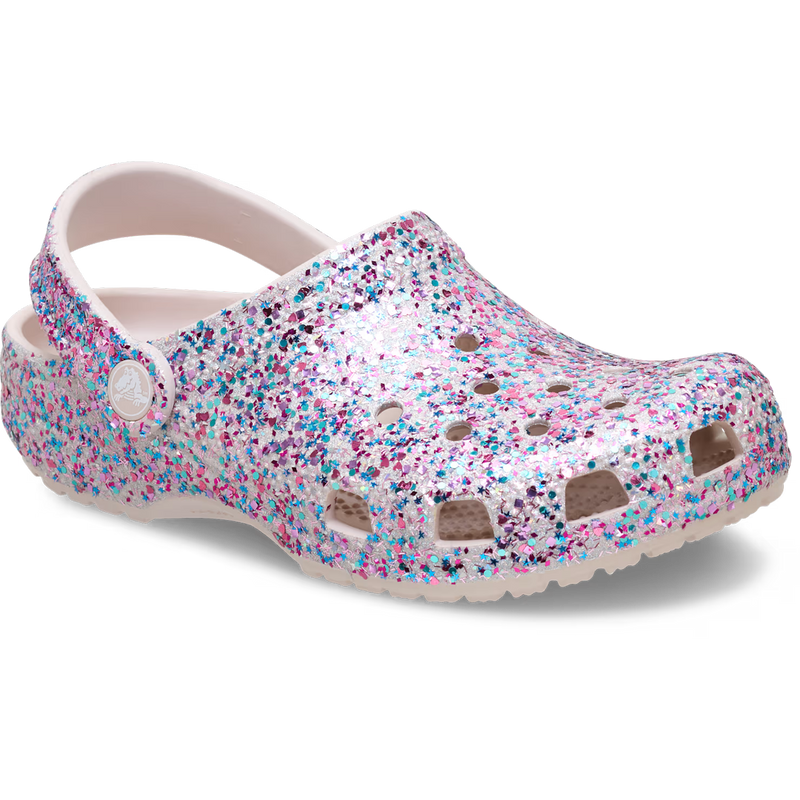 Youth Classic Dazzle Glitter Clog, Crocs Youth Classic Dazzle Glitter Clog in Cocoa Creme angled