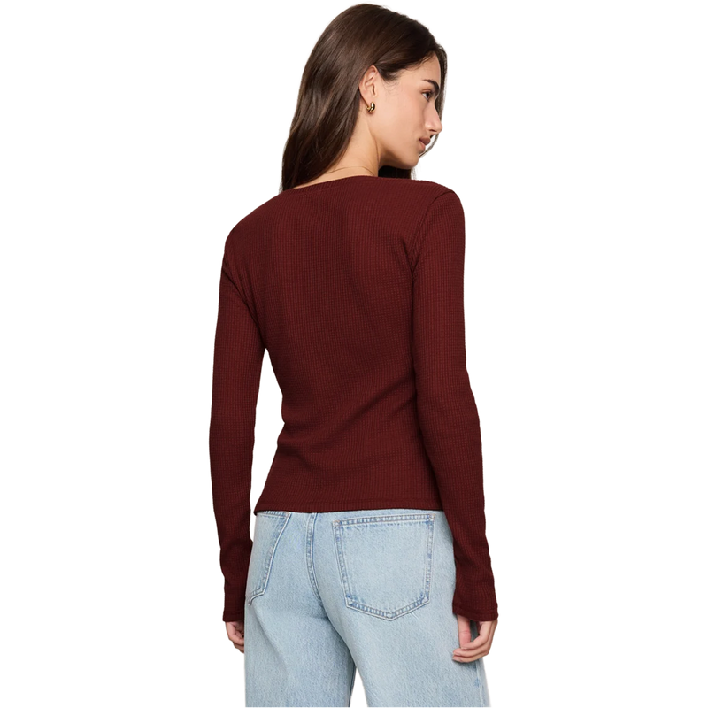Women's Albany Waffle Button Up Top, Z Supply Women's Albany Waffle Button Up Top in Velvet Rouge back view on model