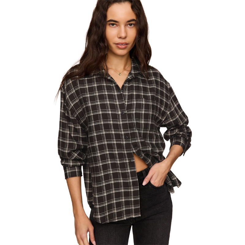 Women's River Plaid Button Up, Z Supply Women's River Plaid Button Up in Ash Black on model front view button up