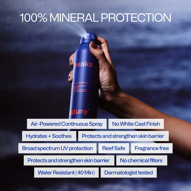 Solar Sheild Mineral Spray SPF 30, Freaks of Nature Mineral Spray SPF 30 with model infographic
