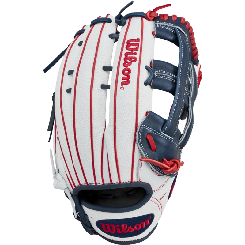 A1000 SMU Slowpitch - 13" Dual Post Web, Wilson A1000 SMU Slowpitch - 13" Dual Post Web in White/Blue/Red
