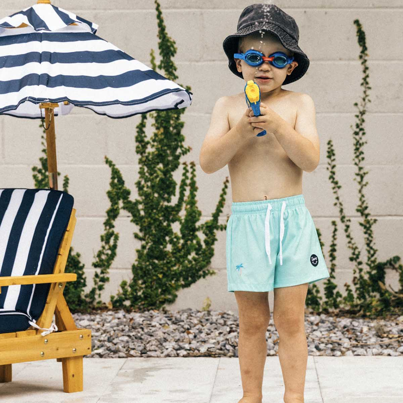 Youth Teal Palm Swim Short, Duvin Design Youth Teal Palm Swim Short on model