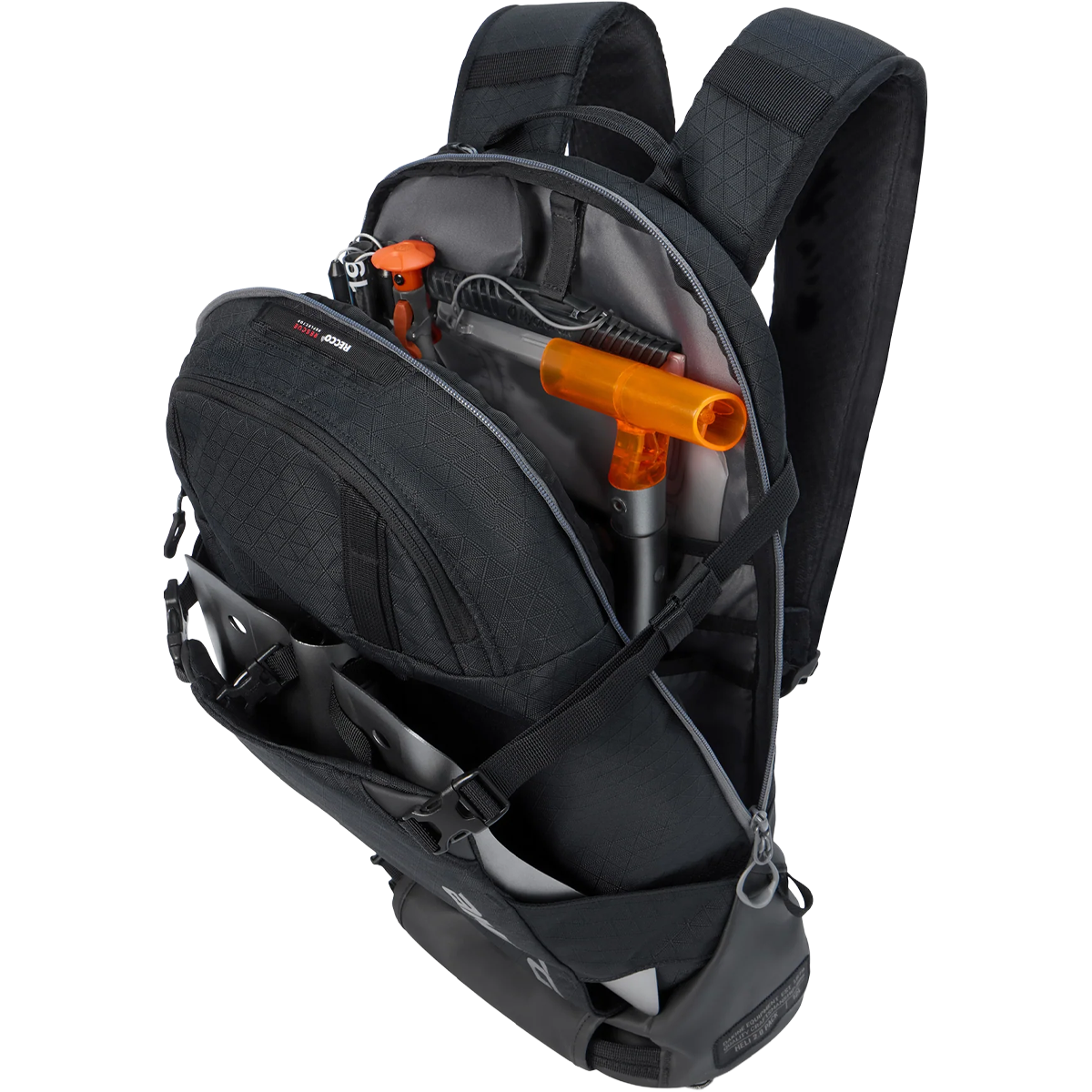 DaKine Heli 2.0 Backpack 12L in Blacksnow tools sleeves in main compartment