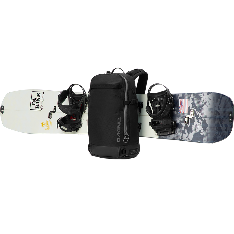 Dakine Heli 2.0 Pro Backpack snowboard strapped on bag