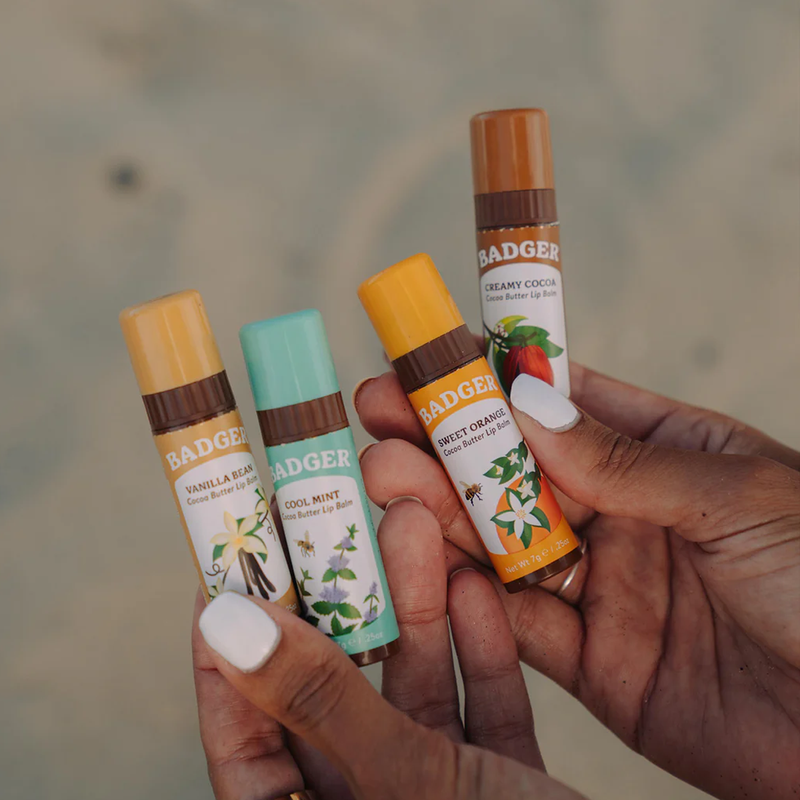 Cocoa Butter Lip Balm Set, Badger Cocoa Butter Lip Balm Set with model