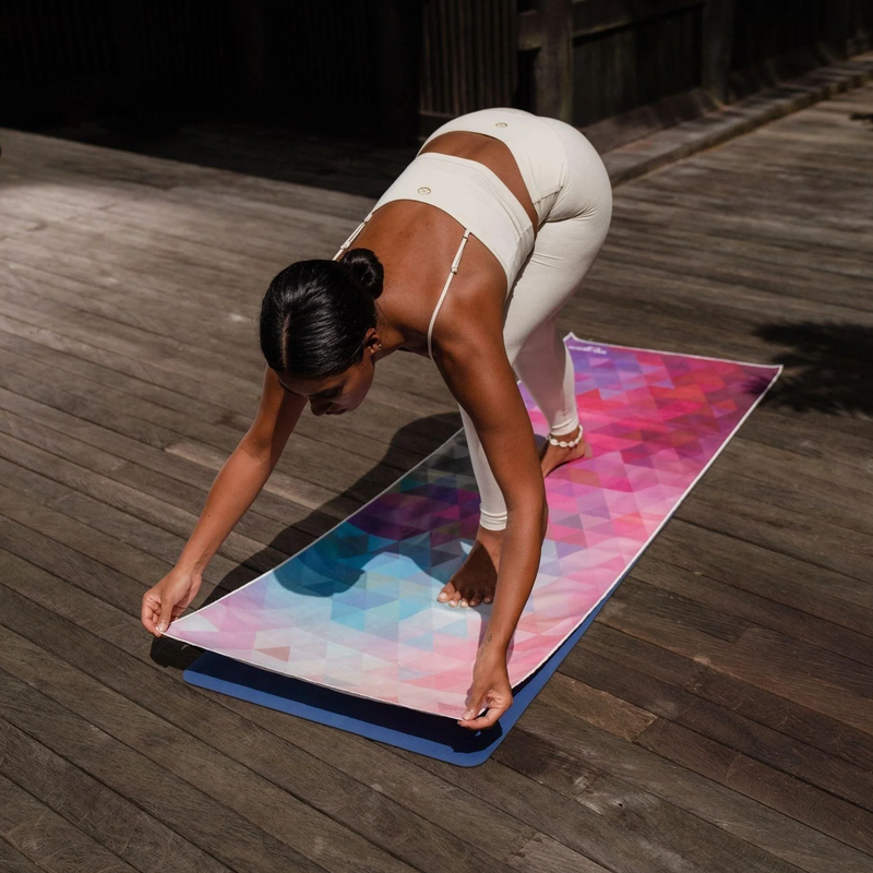 Yoga Mat Towel, Hugger Mugger Yoga Mat Towel in Tribeca Sand with model