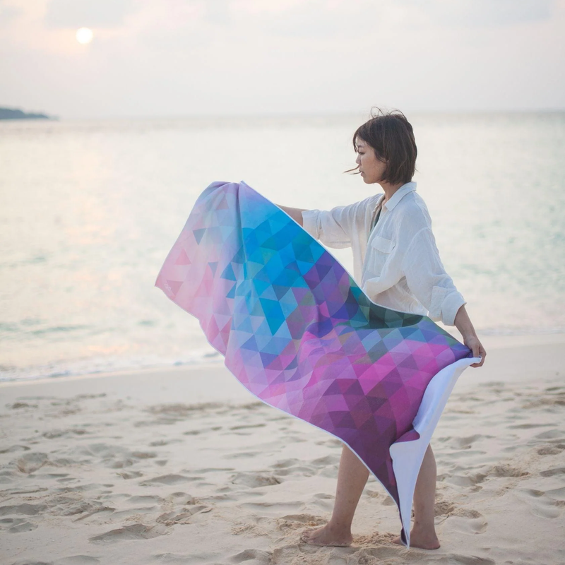 Yoga Mat Towel, Hugger Mugger Yoga Mat Towel in Tribeca Sand with model on beach