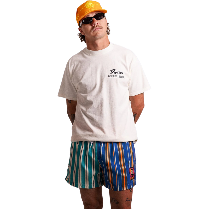 Men's Double Stripes Split Swim Short, Duvin Design Men's Double Stripes Split Swim Short in Teal on model front