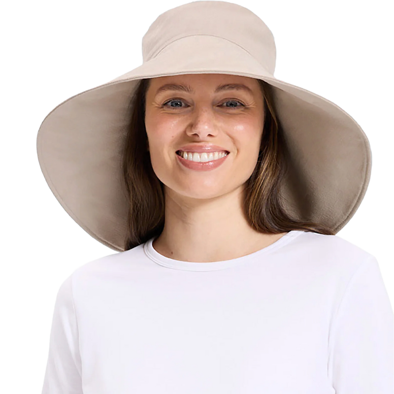 Women's Ultra Wide Cotton Linen Hat UPF 50+, Solbari Women's Ultra Wide Cotton Linen Hat UPF 50+ front on model