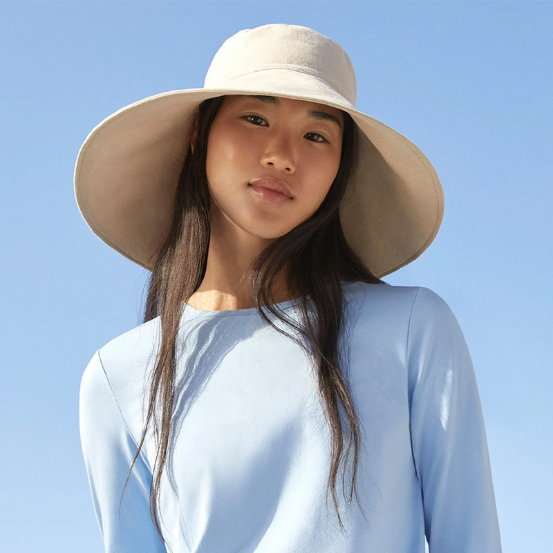 Women's Ultra Wide Cotton Linen Hat UPF 50+, Solbari Women's Ultra Wide Cotton Linen Hat UPF 50+ in sun with model