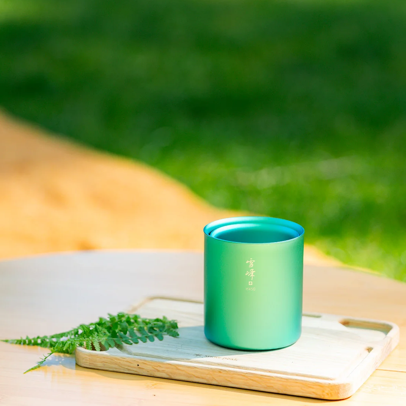 Summer Stacking Mug Set, Snow Peak Summer Stacking Mug Set nested on cutting board