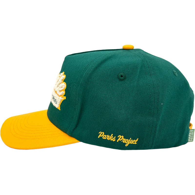 Yosemite Vintage Chenille Hat, Parks Project Yosemite Vintage Chenille Hat in Green Yellow left facing with embroider detail