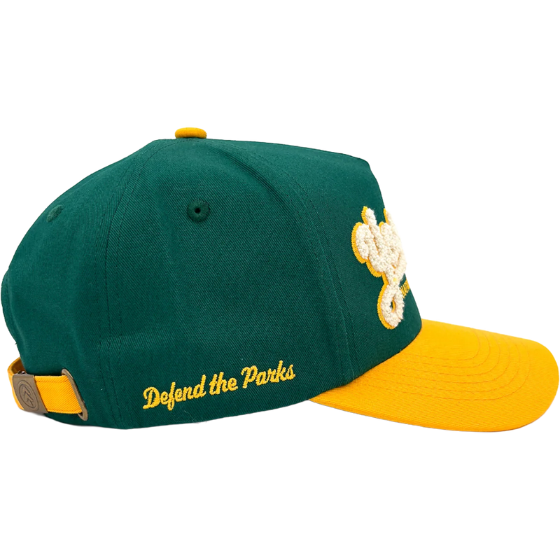 Yosemite Vintage Chenille Hat, Parks Project Yosemite Vintage Chenille Hat in Green Yellow right facing with embroider details