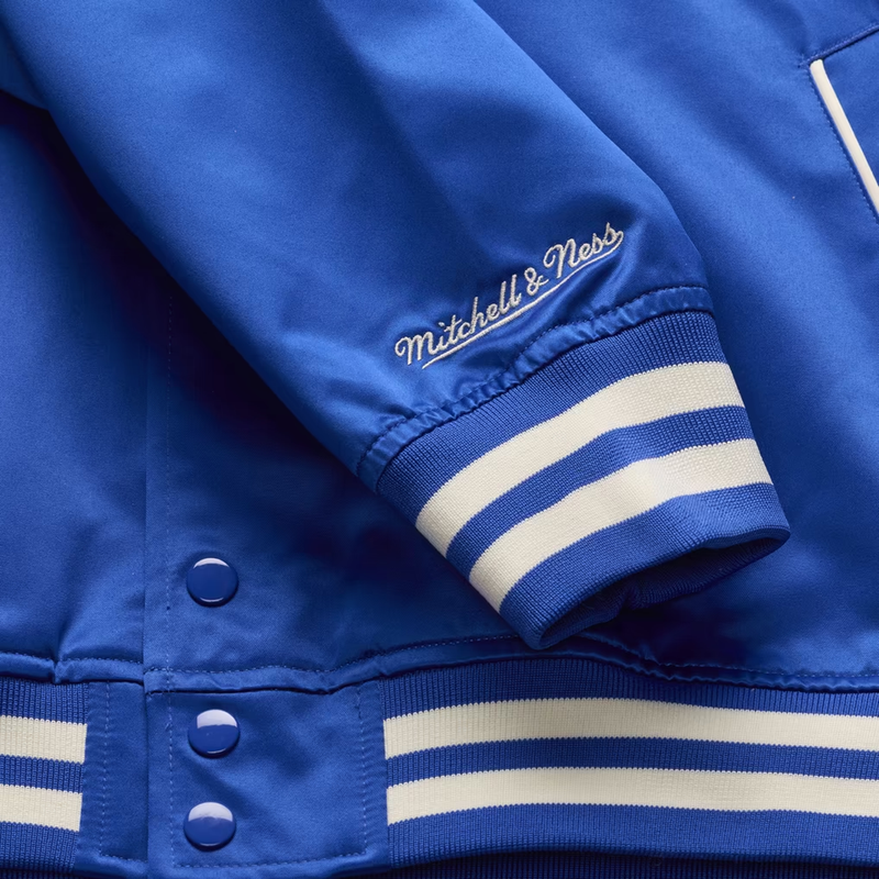 Men's Warriors Retro Roots Lightweight Satin Jacket, Mitchell and Ness Men's Warriors Retro Roots Lightweight Satin Jacket in Royal with sleeve detail and name embroidery