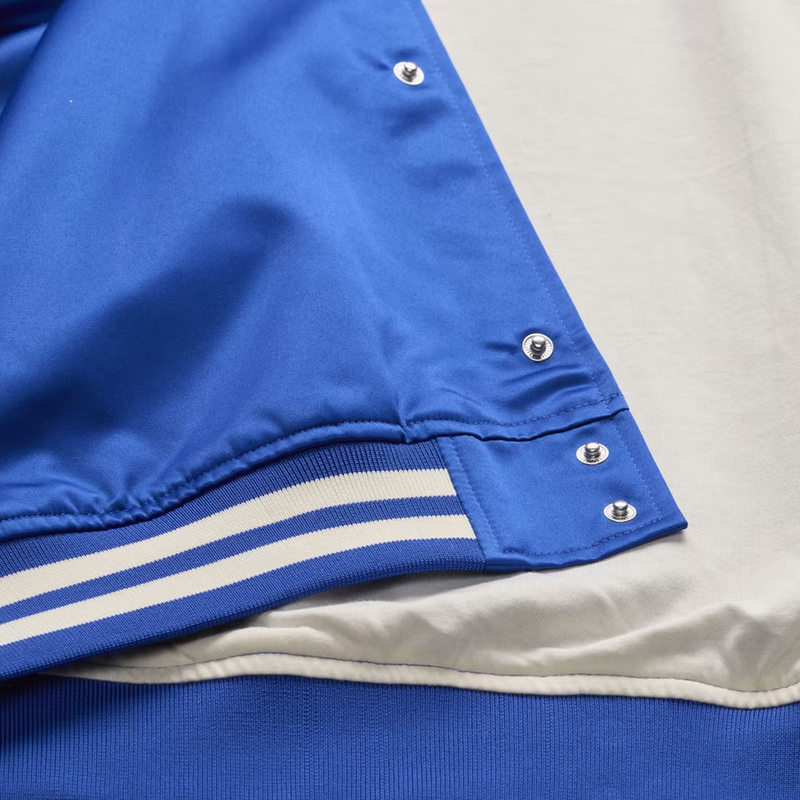Men's Warriors Retro Roots Lightweight Satin Jacket, Mitchell and Ness Men's Warriors Retro Roots Lightweight Satin Jacket in Royal with button detail