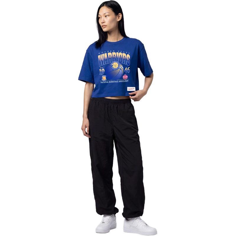 Women's Warriors Street Graphics Short Sleeve Tee, Mitchell and Ness Women's Warriors Street Graphics Short Sleeve Tee in Royal on model full body