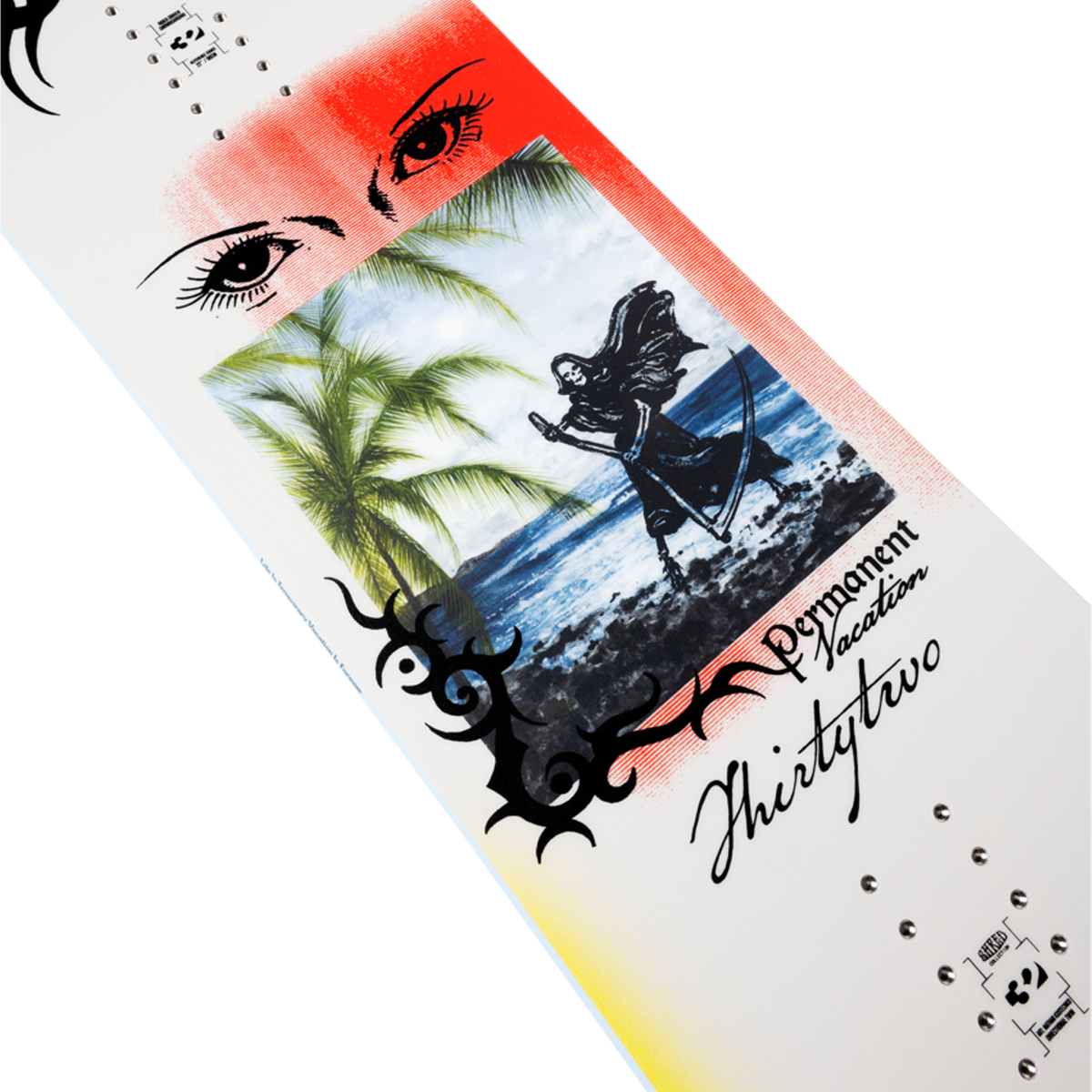 ThirtyTwo Permanent Vacation waist of board close up on graphic