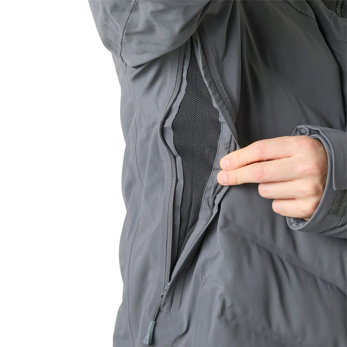 Helly Hansen Men's Alpha Puffy Jacket in Thunder Grey underarm pocket detail