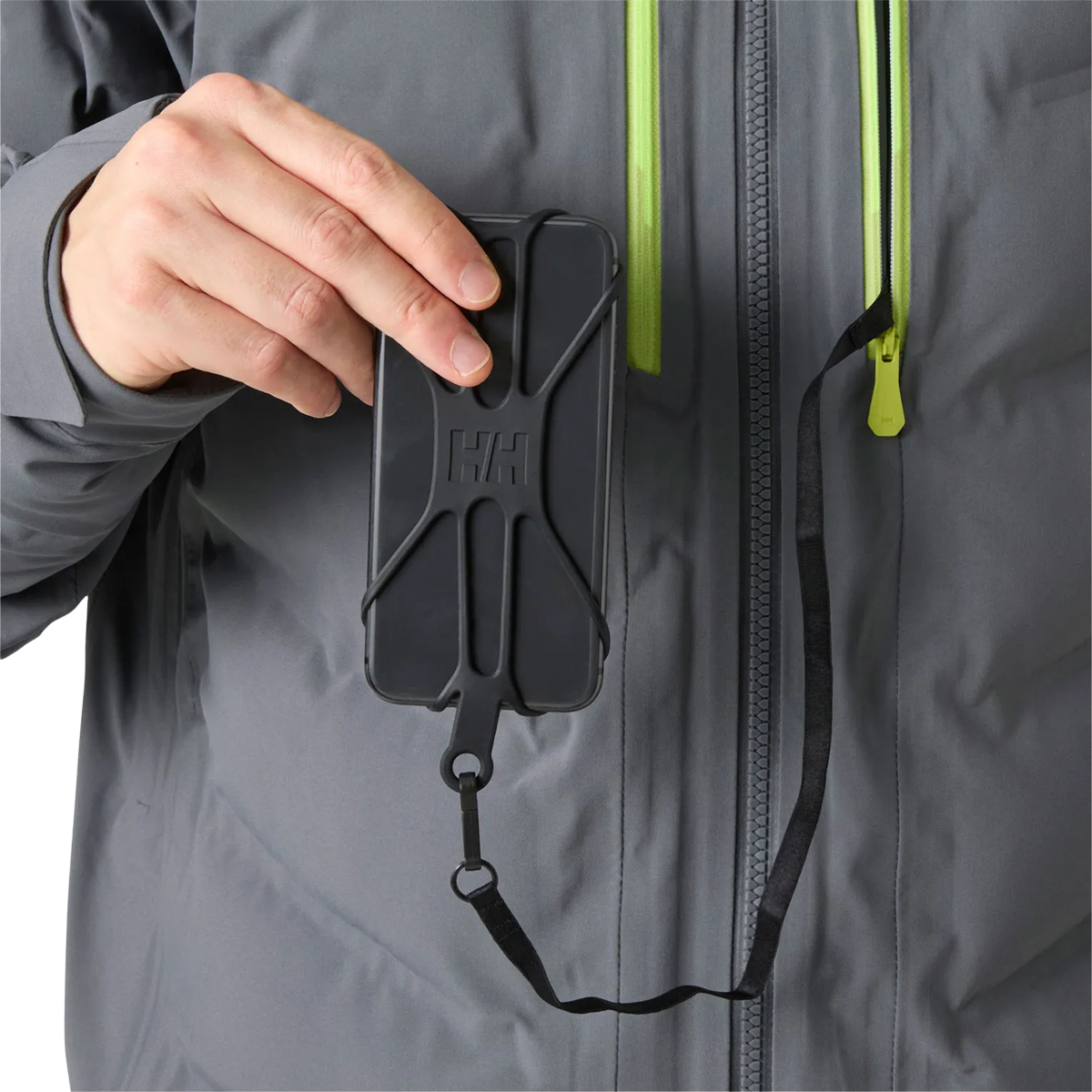 Helly Hansen Men's Alpha Puffy Jacket in Thunder Grey phone holder insde pocket strap
