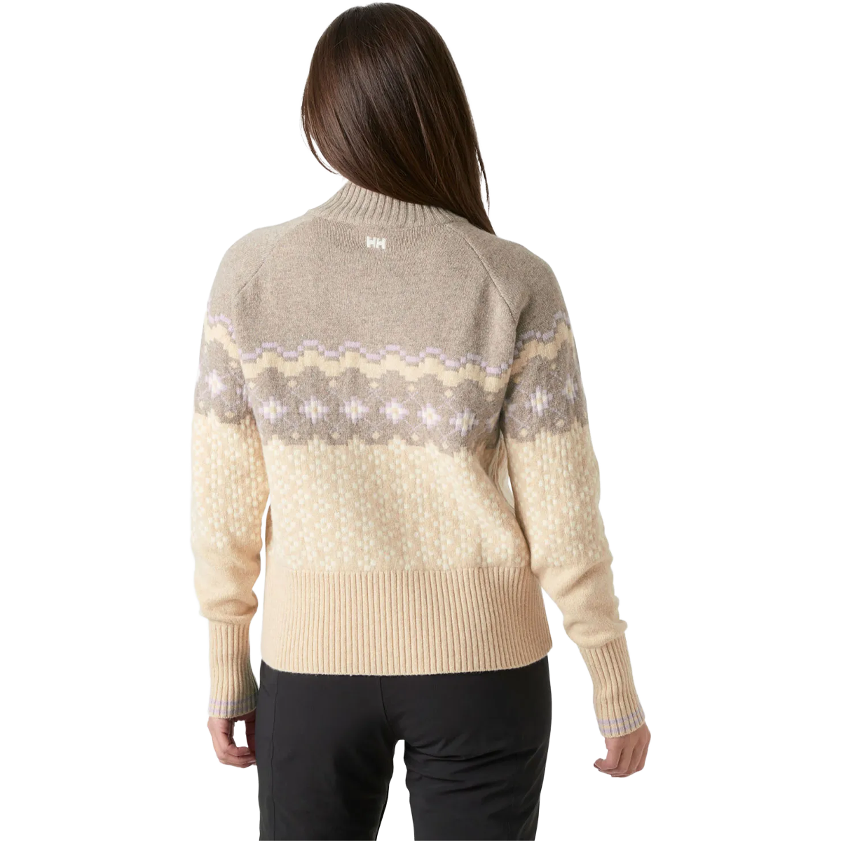 Helly Hansen Women's Apres Knit Sweater in Elmwood Melange back view on model