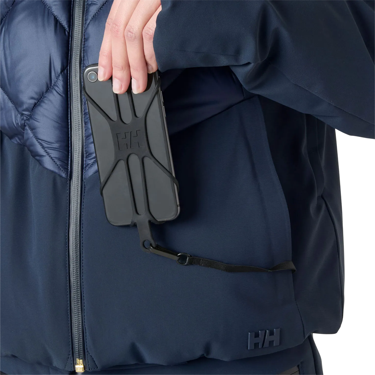 Helly Hansen Women's Avanti Hybrid Jacket in Navy phone leash detail