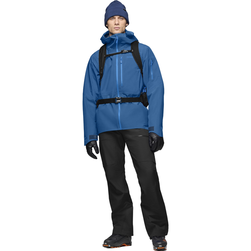Men's Lofoten Gore Tex Jacket, Norrona Men's Lofoten Gore Tex Jacket in Dark Blue on model with backpack