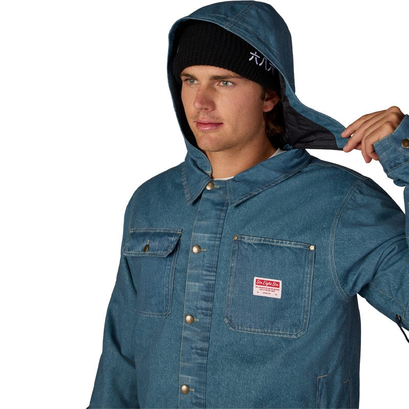 Men's Deconstructed Denim Insulated Jacket, 686 Men's Deconstructed Denim Insulated Jacket in Blue Indigo Denim with hood detail