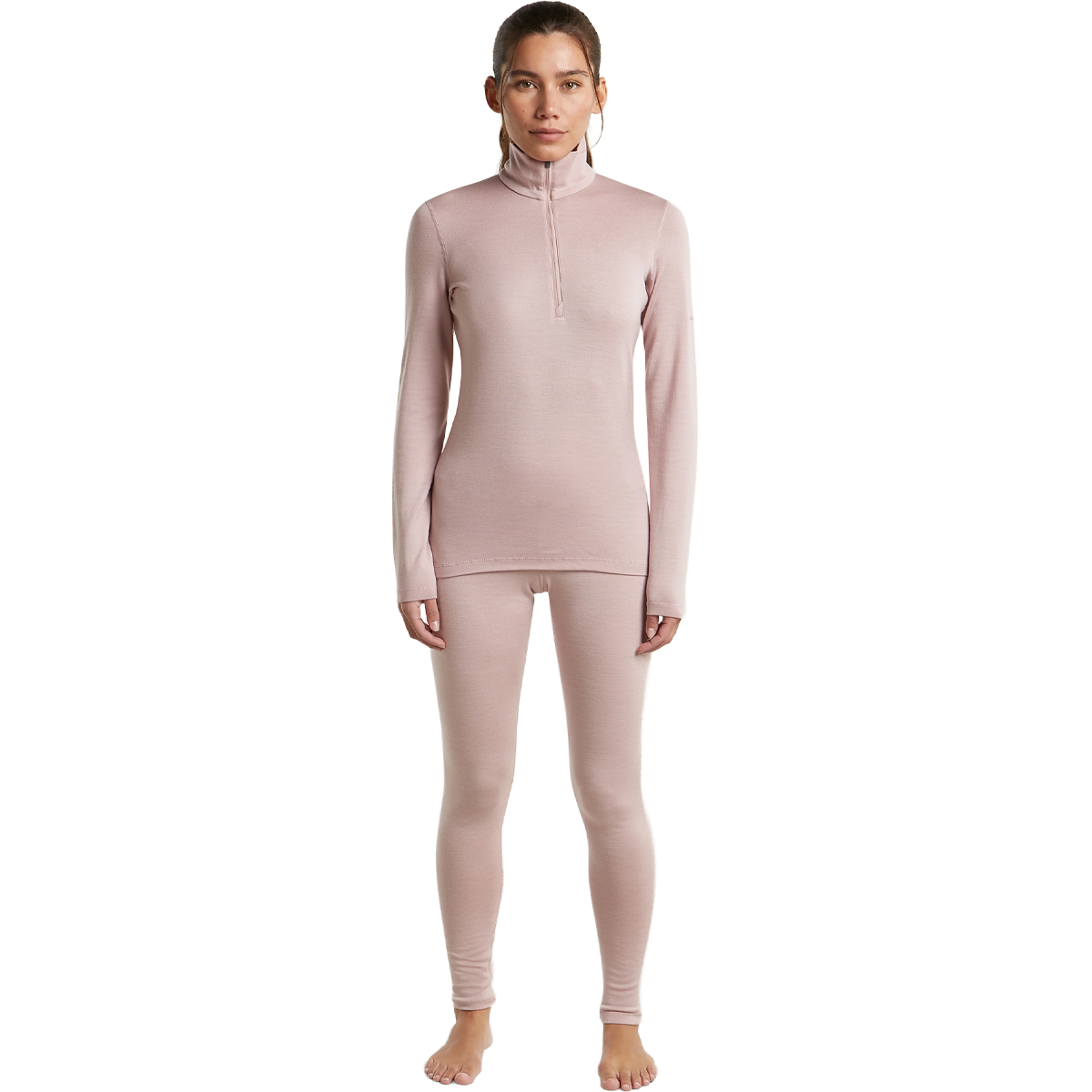 Helly Hansen Women's Merino 260 Oasis Long Sleeve Half Zip in Pink Quartz full view on model