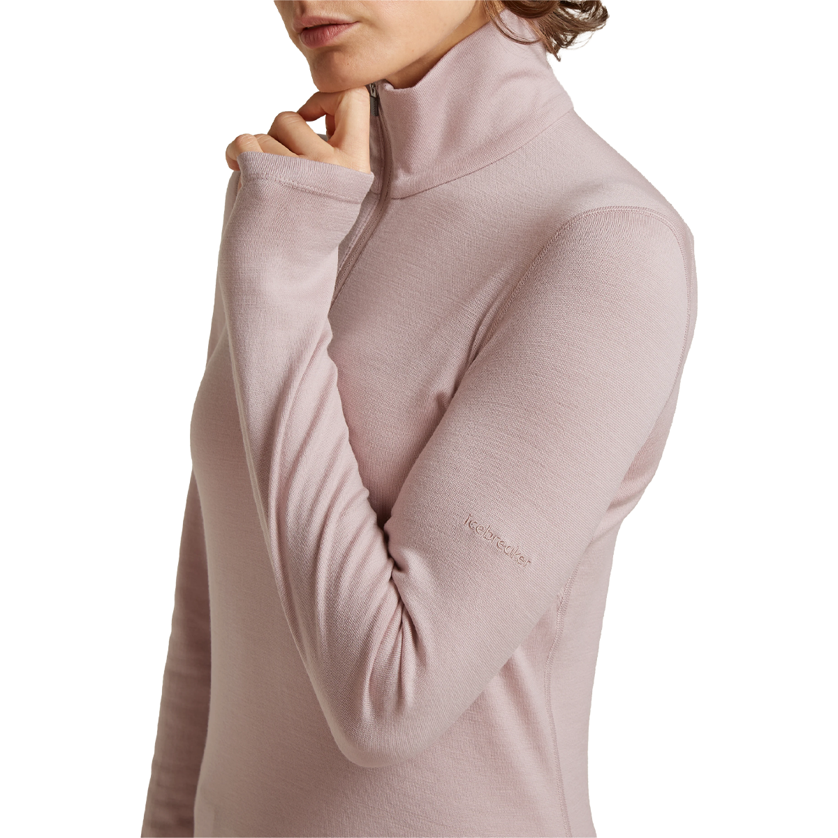 Helly Hansen Women's Merino 260 Oasis Long Sleeve Half Zip in Pink Quartz on model