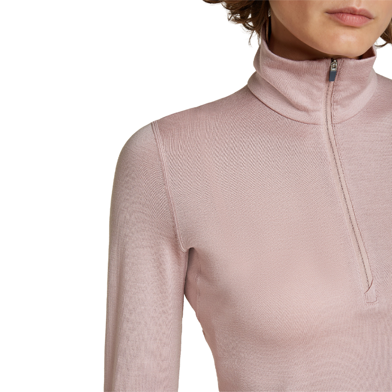 Helly Hansen Women's Merino 260 Oasis Long Sleeve Half Zip in Pink Quartz with zipper detail