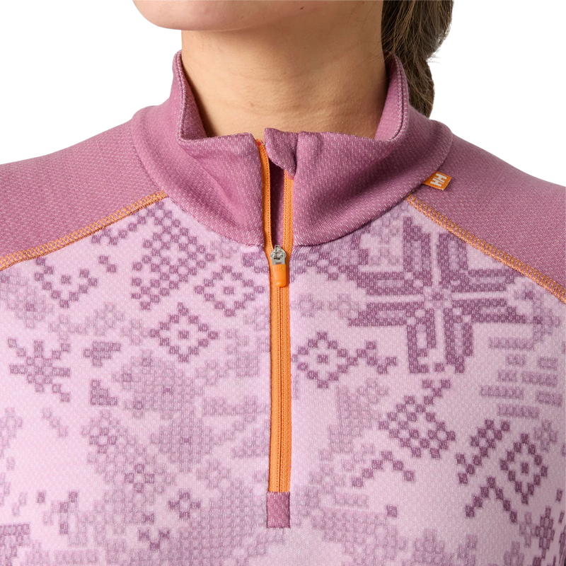 Helly Hansen Women's Lifa Merino Midweight Graphic 1/2 Zip in Cherry Blossom with zipper detail