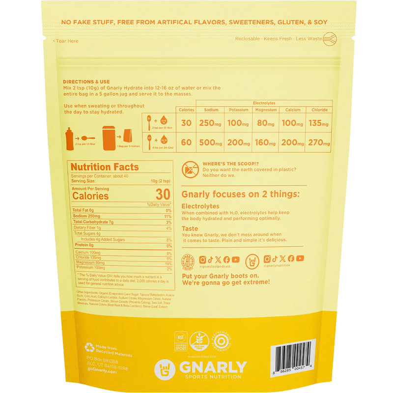 Hydrate (40 Servings), Gnarly Sports Nutrition Hydrate (40 Servings) back of package