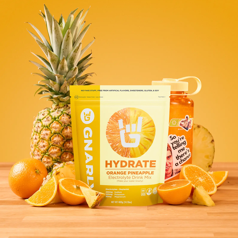 Hydrate (40 Servings), Gnarly Sports Nutrition Hydrate (40 Servings) with fruit and water bottle